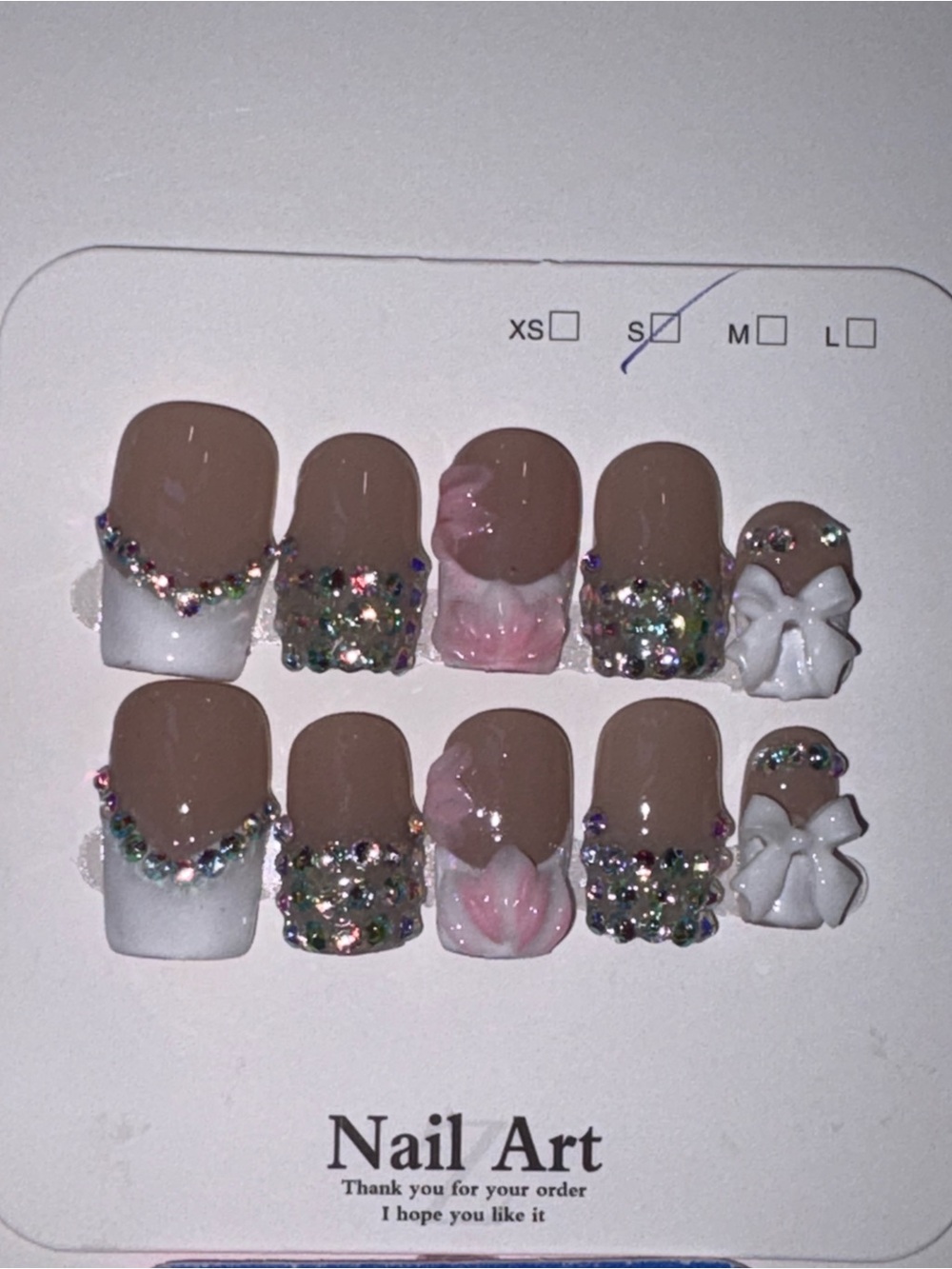 Nude Pink Floral & Rhinestone Press-On Nail Set with 3D Bows